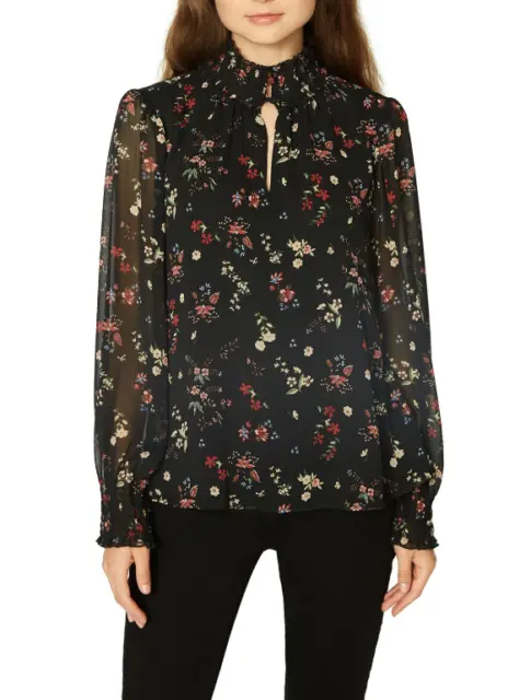 Sanctuary Womens Black Floral Smocked Long Sleeves Blouse Top SZ XS $89