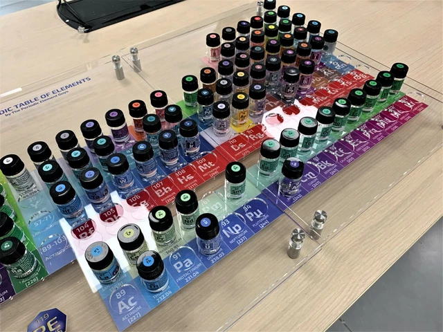 82 PERIODIC TABLE elements in labeled glass vials Acrylic Table Rhodium ...