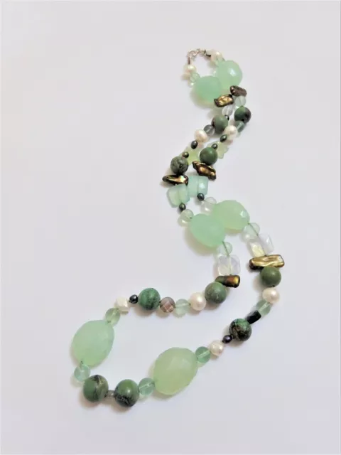 Unikat Kette Jade Türkis Zuchtperlen Calzit Silber 925