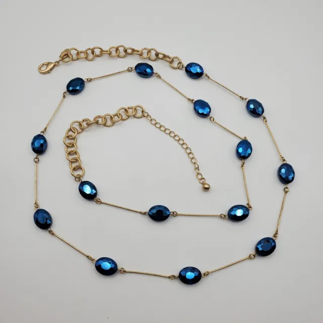 Charming Charlie Long Flapper Necklace Gold Tone Peacock Blue Faceted Chain