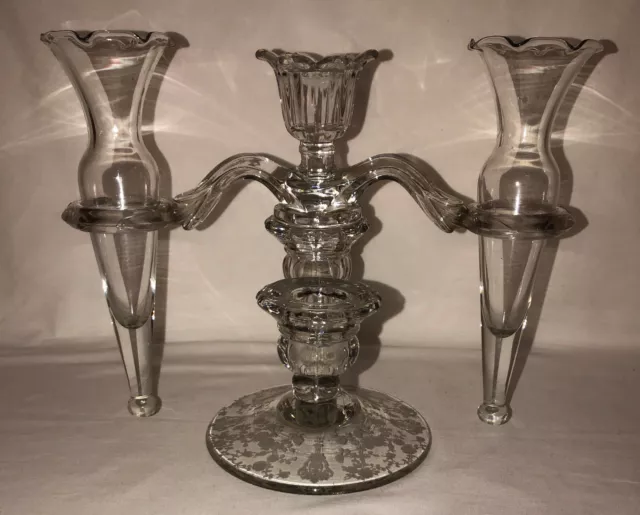 Cambridge ROSE POINT CRYSTAL 4 PC ETCHED 3 LITE CANDELABRA VASES EPERGNE