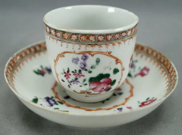 18th Century Chinese Export Hand Painted Pink Roses Red Gold Coffee Cup & Saucer