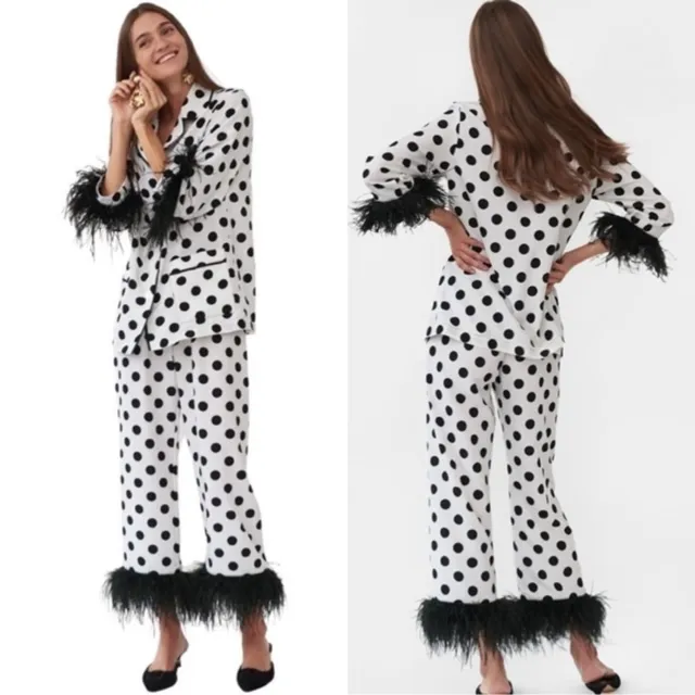 NWT SLEEPER Polka Dot Ostrich Feathers Black White Party Pajamas Set Size XL