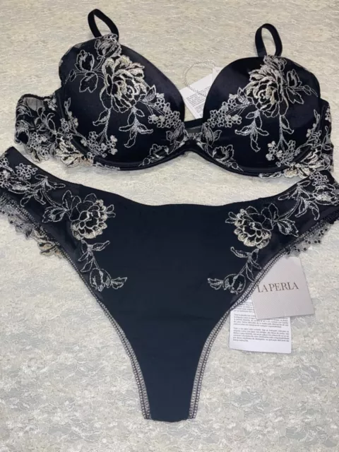 La Perla Peony 38B L Push Up Silk Bra Thong Panty Set Black Silver $980