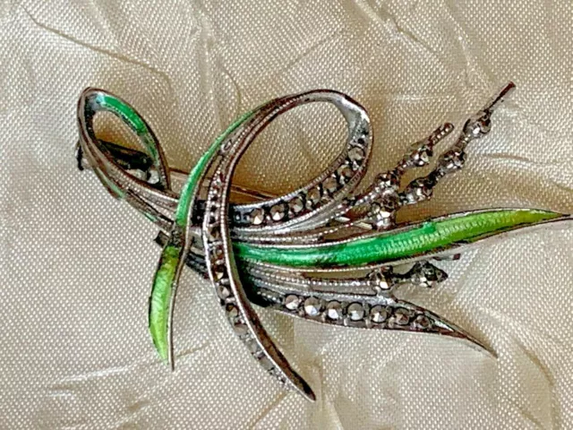 Rare Edwardian ART NOUVEAU French Silver Brooch - Green Enamel, Marcasite 4.5cm