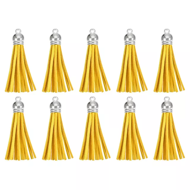 20Pcs 2.2" Leather Tassels Keychain Charm with Silver Cap for DIY, Yellow