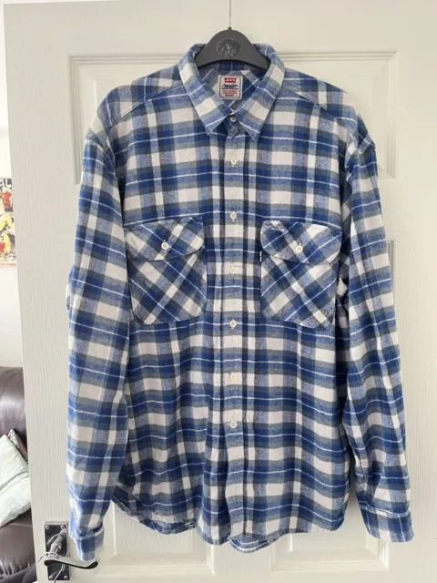 Camicia di flanella Levi's Worker Shacket Blu Bianco Check Vintage anni '90 Large L