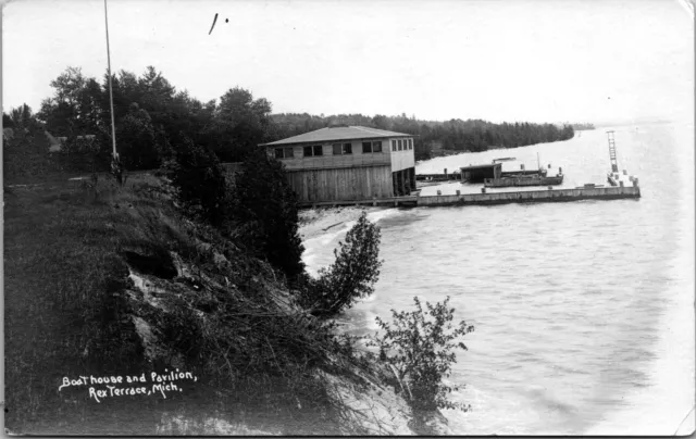 Rex Terrace Torch Elk Lake Antrim Kalkaska Co. Boat House Rppc Postcard 1919!