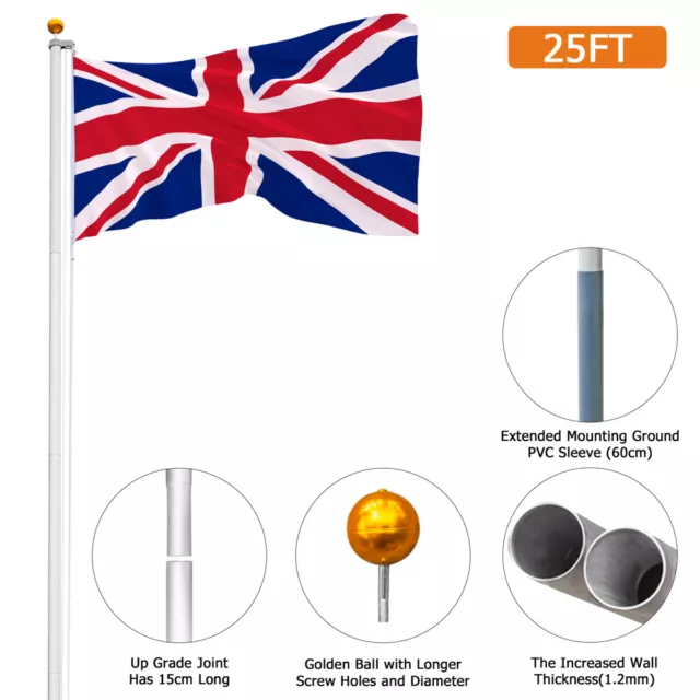 25FT Sectional Flag Pole Kit Aluminum Telescopic Flagpole Yard & Commercial Use