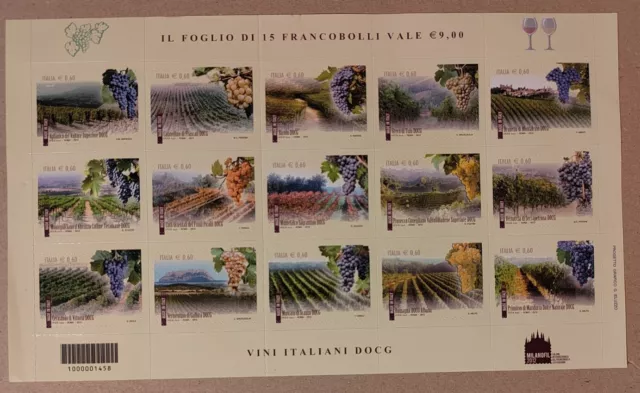 Foglietto da 15 francobolli da 0,60 euro MILANOFIL 2012 VINI ITALIANI DOCG