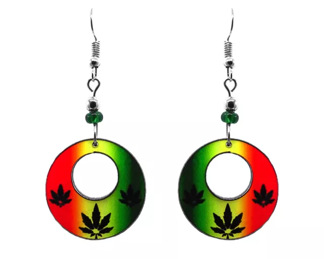 Rasta Pot Leaf Round Hoop Earrings Smoker Stoner Fashion Womens Legalize Jewelry