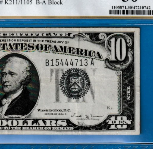 KEY DATE  $10  1934 B  SILVER CERTIFICATE  Serial # B 15444713 A  Fr.1703  PCGS