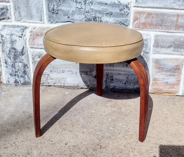 Vintage Mid Century Modern Danish Round 3 Bentwood Leg Stool, Beige Vinyl Seat