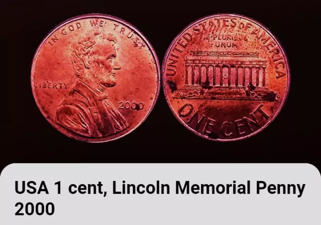 2000 USA 1 Cent Coin BONUS OFFERS. Abraham Lincoln Memorial One Penny Bronze