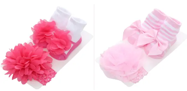 2 Pcs Newborn Baby Girl Socks with matching Hairbands (2 Packs)