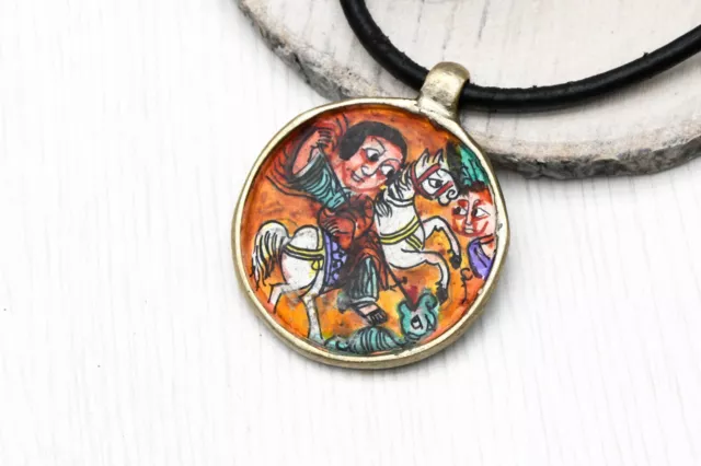 Ethiopian icon paint silver pendant , Vintage coin style