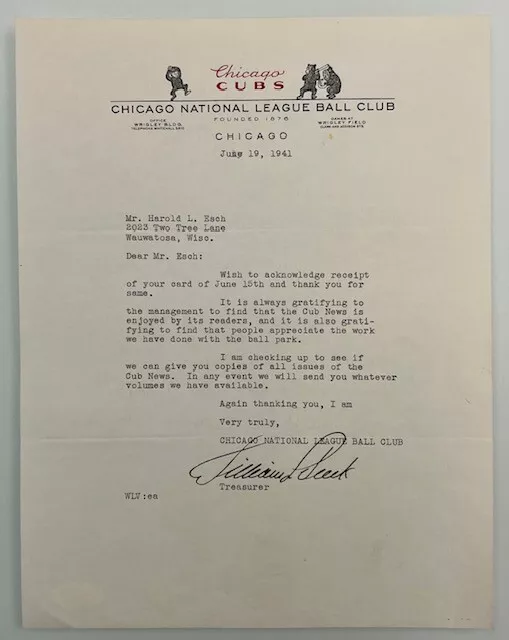 Bill Veeck HOF Signed Chicago Cubs 1941 Full Letter AUTO JSA COA