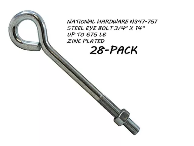 National Hardware N347-757 Steel Eye Bolt, 3/4" X 14", Zinc Plated 28-Pack