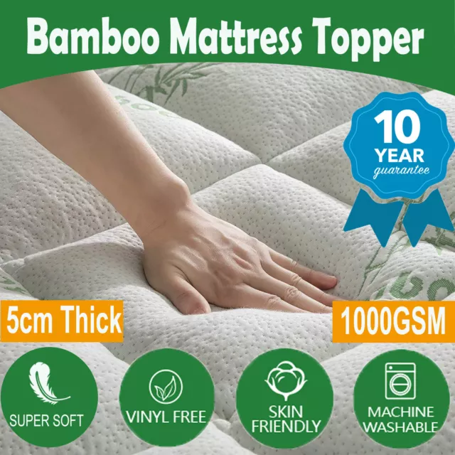 Bamboo Mattress Topper 1000GSM Pillowtop Fitted Mattress Underlay Pad All Sizes