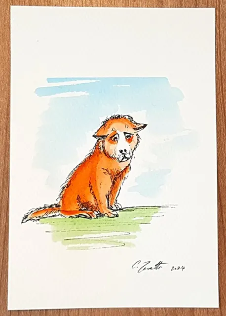 CHRIS ZANETTI Original Watercolor Painting DOG Puppy Pet Animal 6"x4" Signed Art