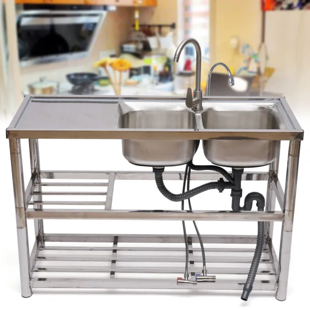 Stainless Steel Commercial Sink Kitchen Utility Sink 2 Compartment & Prep Table