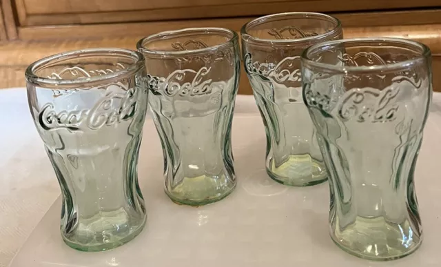 Coca Cola Green Glass Vintage 3” Tall Juice Shot Glasses Set of 3 See Pics !!