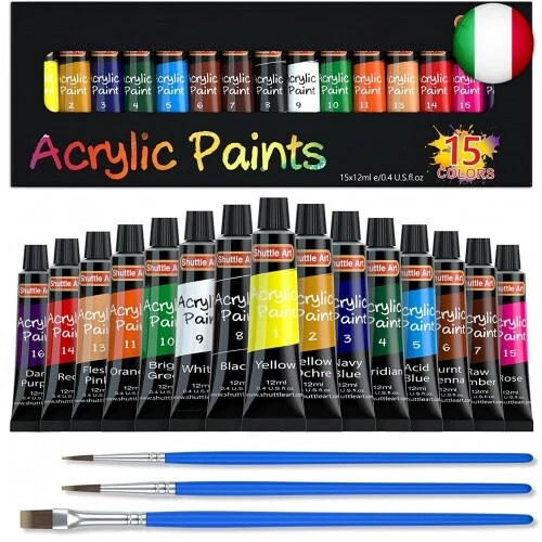 15 Colori Acrilici per Dipingere Shuttle Art 12ml Set Pittura con 3 Pennelli