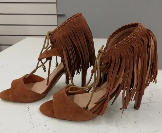 SOLE DIVA LADIES TASSLE TRIM SUEDE SANDALS TAN SIZE 5E NEW (ref R)