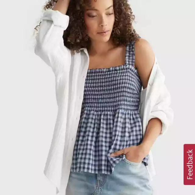 LUCKY BRAND TOP NWT Square Neck Smock Tank Ruffled Straps Blue Gingham  Womens L $41.16 - PicClick AU