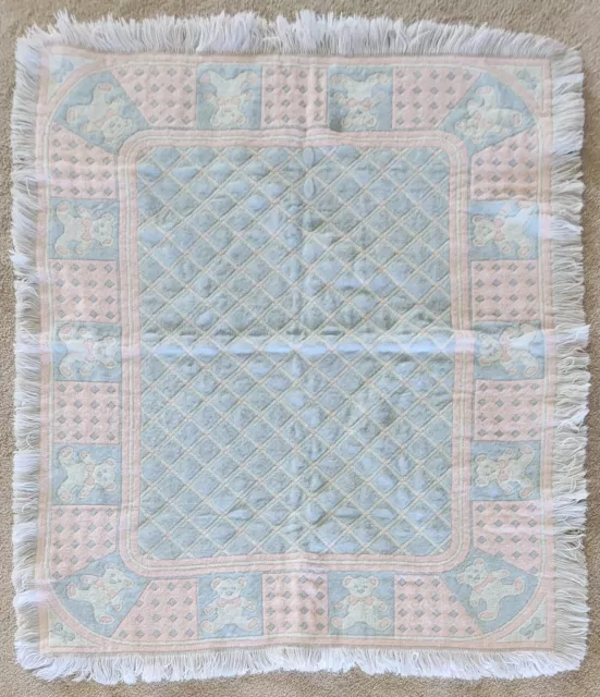 Teddy Bears Woven Reversible Fringed Baby Blanket Throw Vintage Blue Pink