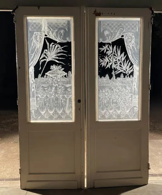 *Pair of Antique French Etched Glass Doors With Peacock Frosted Glass Salvage