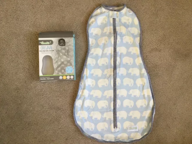 Woombie Big Baby 3-6m 14-19lb Blue Gray Elephants Original One-Step Baby Swaddle Woombie Big Baby 3-6m 14-19lb Blue Gray Elephants Original One-Step Baby Swaddle