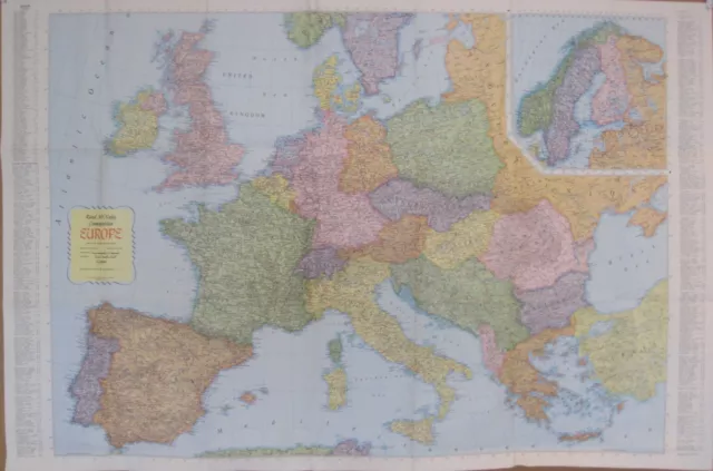 Rand McNally 1958 Wall Map EUROPE Cold War Boundaries Railroads Cities Index