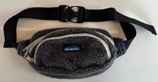 KAVU Gray Sherpa Fuzzy Fleece Fanny Pack Sling Bag Two Zippered Pockets