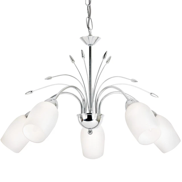 Hanging Flush Ceiling Pendant 5 Light CHROME & GLASS Chandelier Lamp Bulb Holder