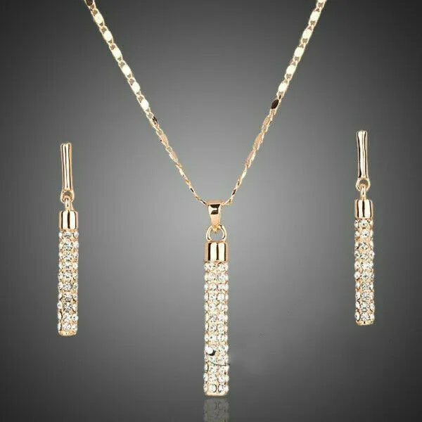 Fashion 925 Silver,Gold Earrings Necklace Women Crystal Pendant Wedding Jewelry