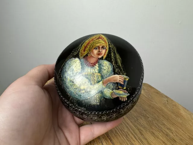 Vintage Round Hand Painted Woman Tea Cup Russian Lacquer Box Artist Signed 4”