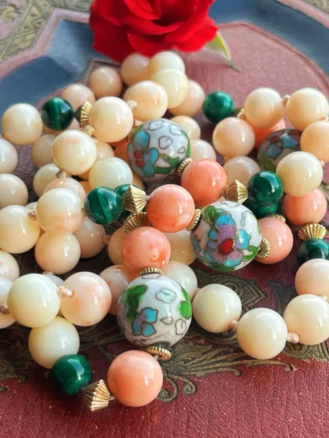 VTG Natural Pink  Angel Skin Coral /cloisonne /malachite beads Necklace 34” 106g