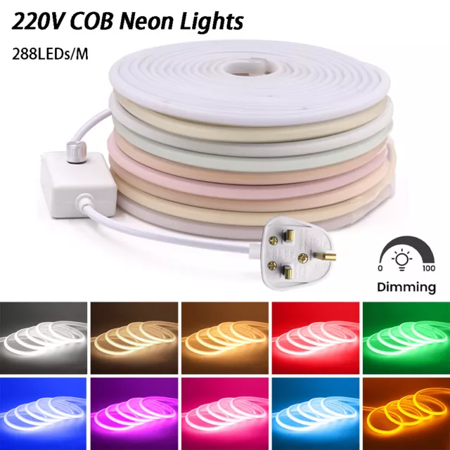 COB Neon LED Strip Lights 220V 240V 0.5-20m Waterproof Dimmable Rope DIY UK plug