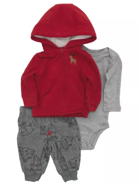 Carters infant Boys 3pc Moose Baby Outfit Red Hoodie Jacket Bodysuit & Pants NB