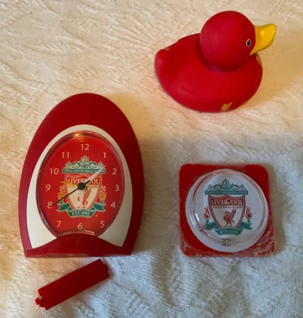 Liverpool FC clock 5 inch tall battery operated; plus bath duck and game !