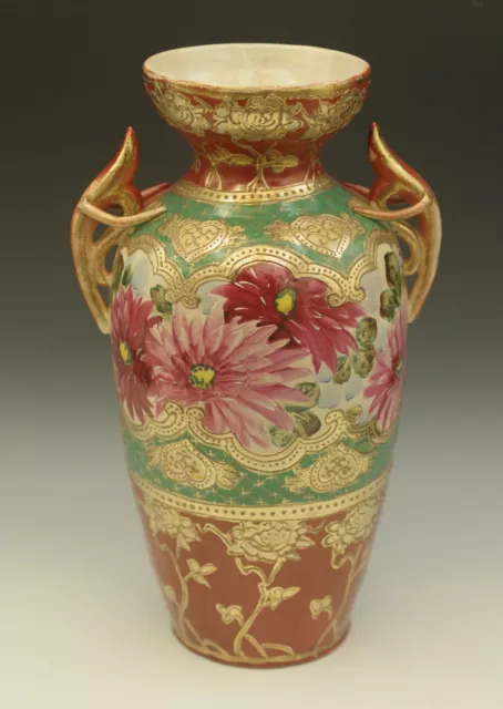 Nippon Antique Heavy Gold Moriage Red Handled Large Vase  Hand Painted Floral12"