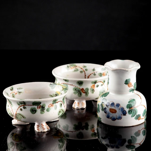 Set 3 Teile Salz Pfeffer Öl Blumen  bemalt 3 Bein Porzellan Schälchen Hahn Marke