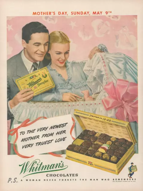 1948 Whitman's Chocolates Samplers Mother's Day Sunday Mat 9 Baby Crib Print Ad
