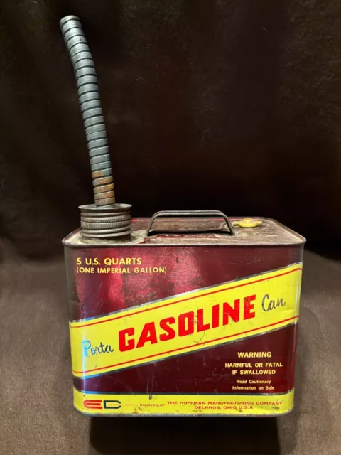 Vintage Porta Gasoline Can Metal Gas Can Huffman Can Co 5 Quarts Spout Attached