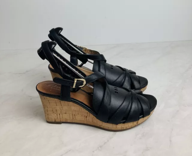 Clarks Artisan Leather Wedge Sandals Strappy Slingback Women’s Size 7.5 M Black