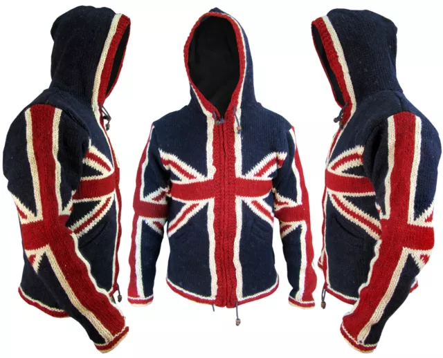 Union Jack Woolen Fleece Lined Winter Pocket Warm Nepalese Jacket Jumper Hoodie