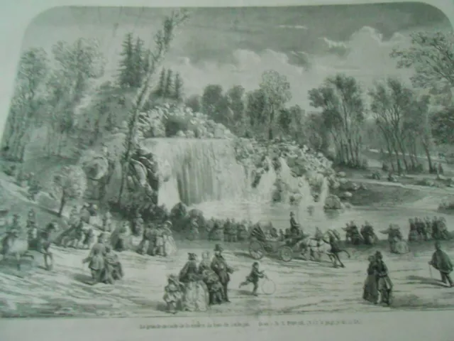 Gravure 1856 - La Grande Cascade de la rivière du Bois de Boulogne