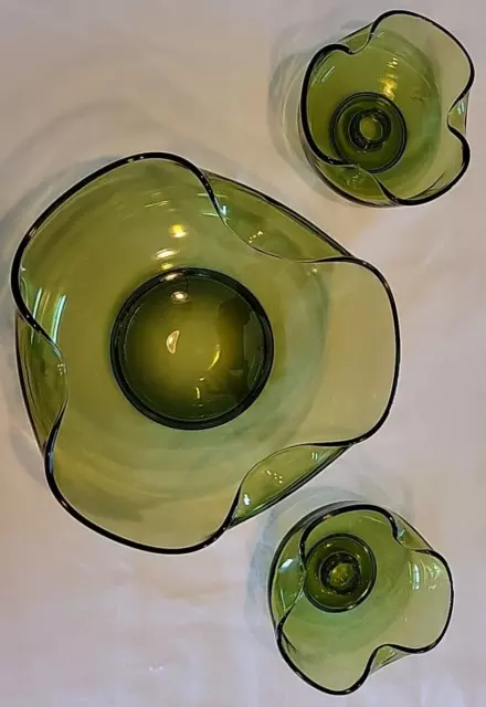 Vintage Anchor Hocking 3 PC Avocado Green Glass Console Bowl Candle Stick Set