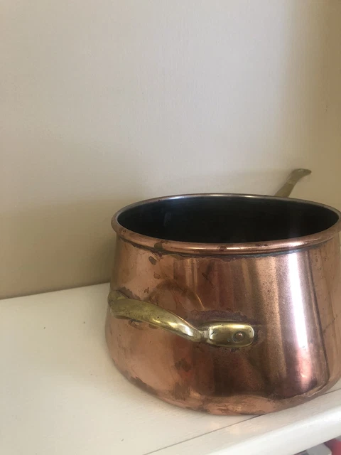 Vintage 2 Brass Handle Tin French Country 1 QT Sauce Copper Pan Patina Used Vintage 2 Brass Handle Tin French Country 1 QT Sauce Copper Pan Patina Used